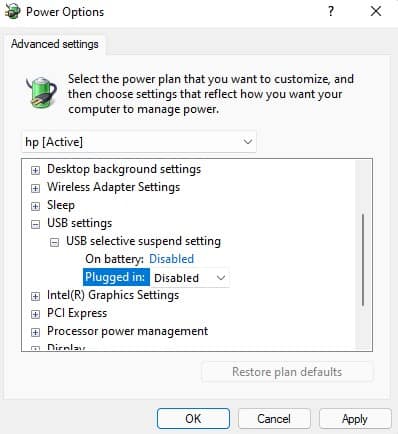 Disable USB power settings