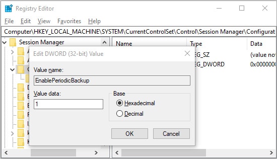 enable automatic registry backup