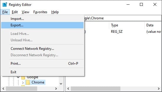 export branch keys registry editor
