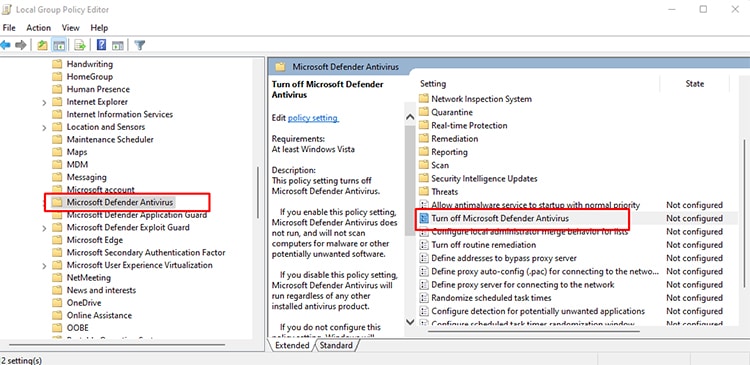 gpedit microsoft defender settings