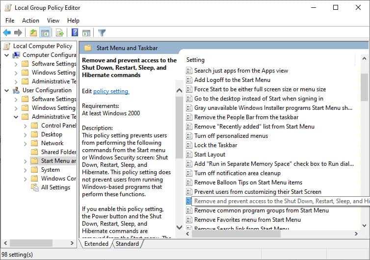 group policy editor hide power options