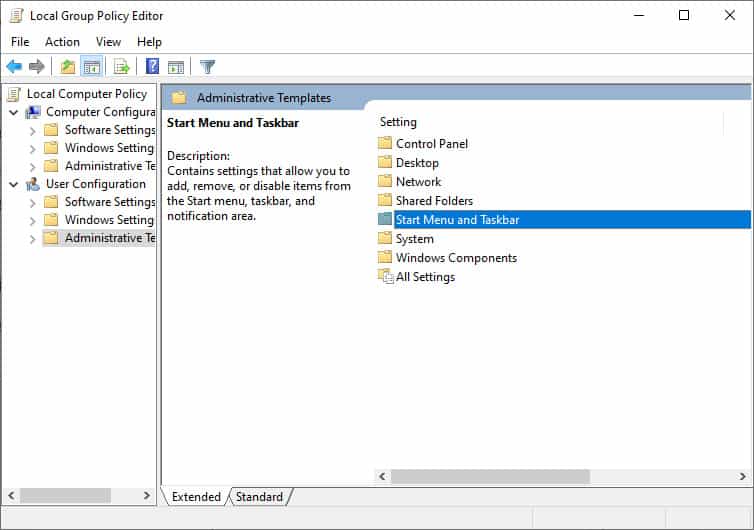 group policy editor start menu and taskbar