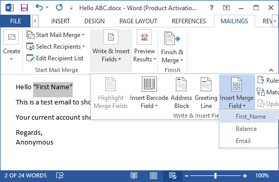 insert merge fields in placeholder