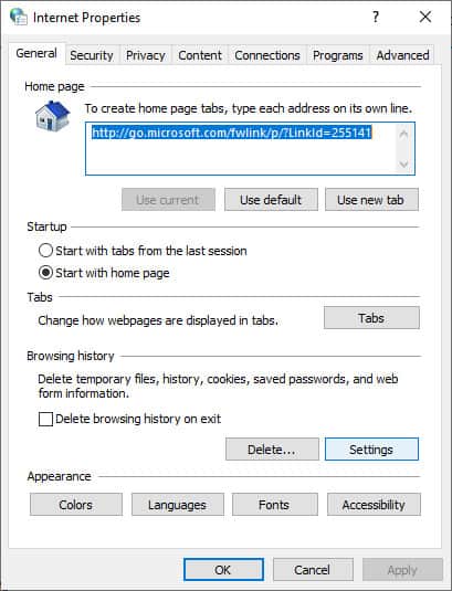 internet properties delete browser history