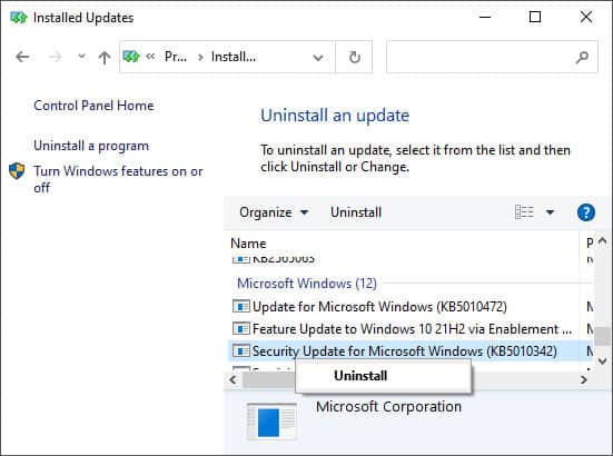 uninstall latest security update