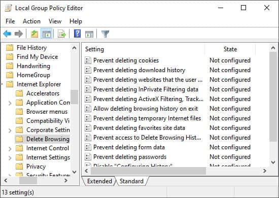 local group policy editor delete browsing history