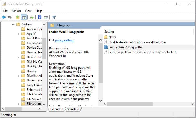 local group policy editor filesystem settings