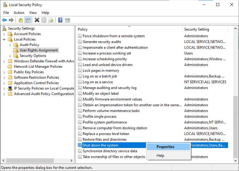 local security policy editor shut down options