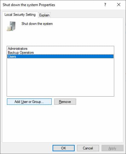 local security shut down users and groups
