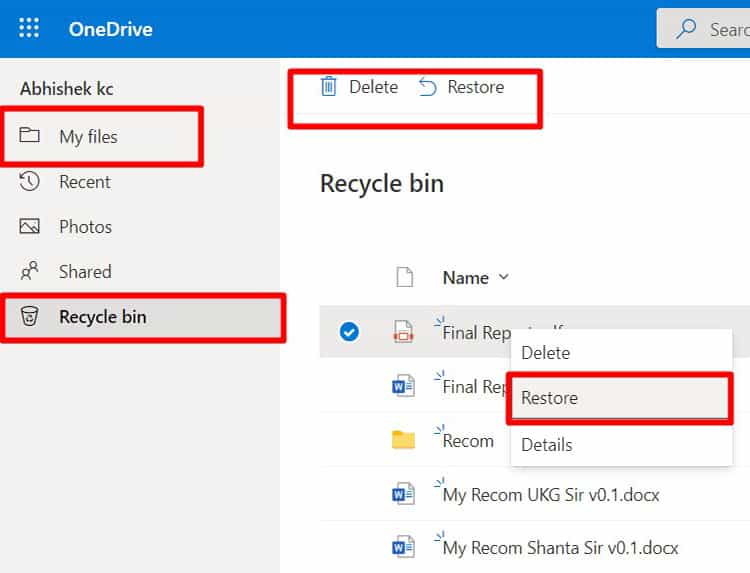 one drive recycle bin section