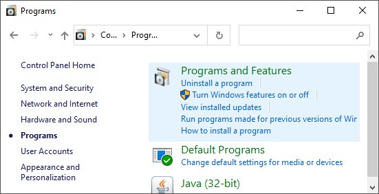 programs and features control panel