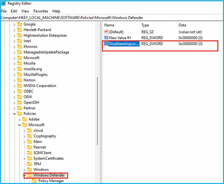 registry edit for windows defender