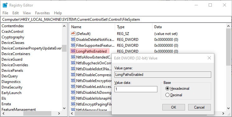 registry editor long path enable