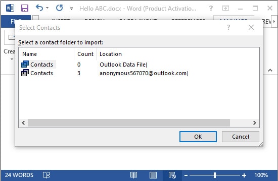 select contact list outlook