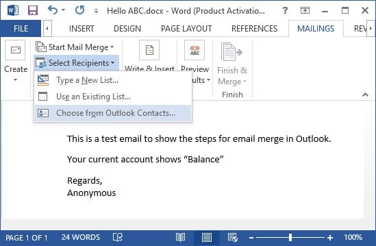 select recipient from outlook