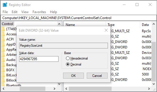 set registry size limit
