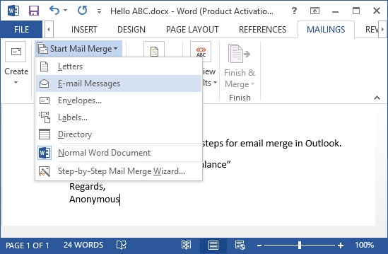 start mail merge email messages