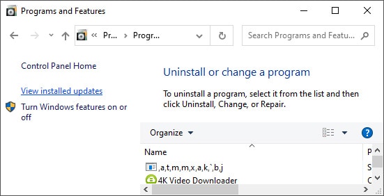 view installed updates option in programs and features