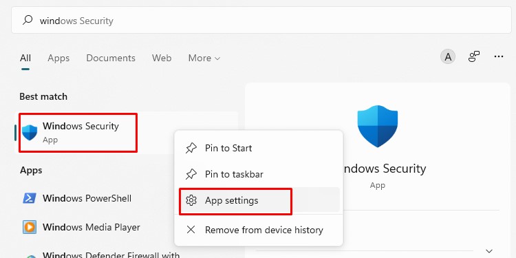 windows security app settings