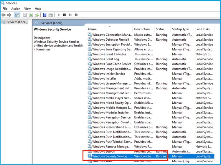windows security service in service windows