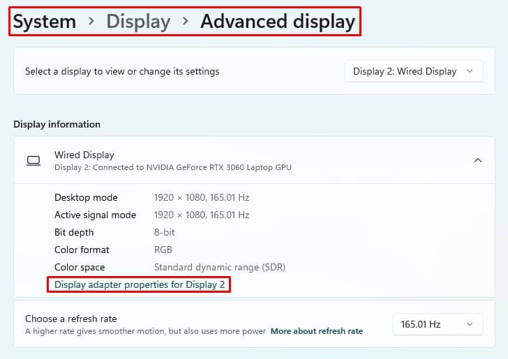 Display adapter properties