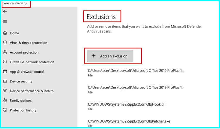 Exclusion list in Windows Defender