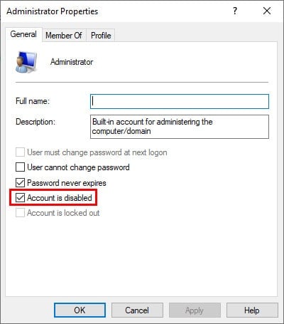 account is disabled administrator properties