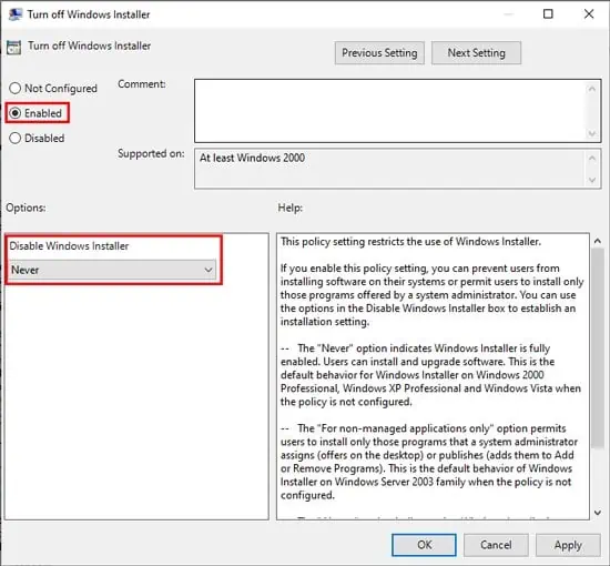 disable-windows-installer-never