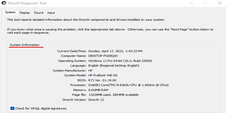 dxdiag system tab