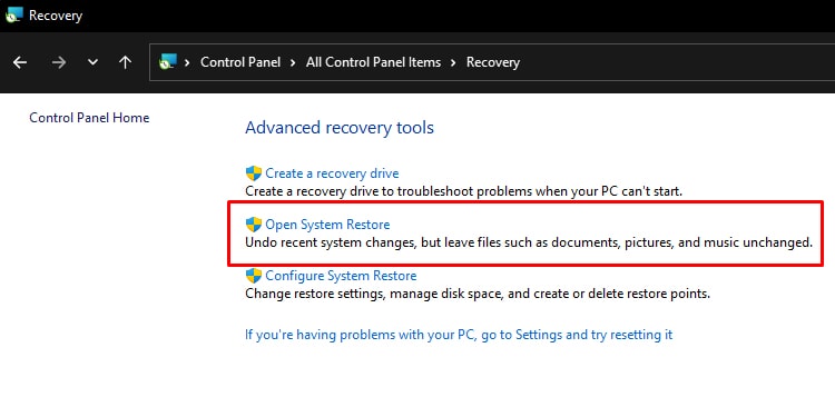 Opening System Restore