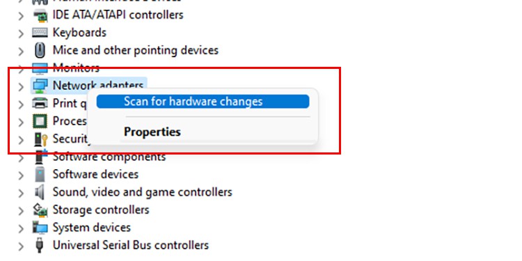 Scan for Hardware change on Network Adapters