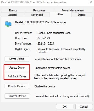 update roll back network driver