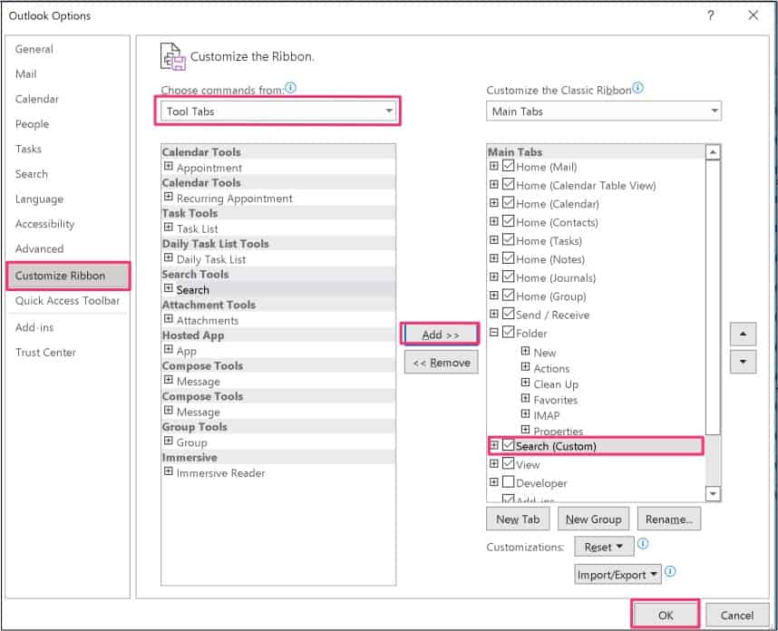 Add Search Tool Permanently in Outlook