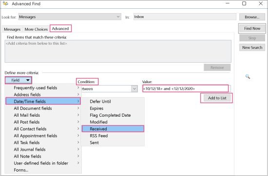 Advanced Find on Outlook