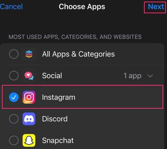 Choose app you want to limit