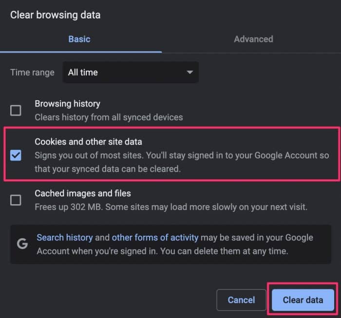 Clear cookies and other site data