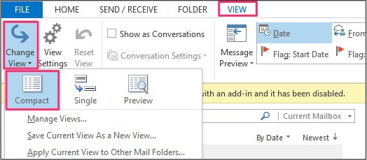 Compact View in Outlook
