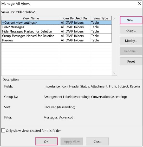 Create New View in Outlook
