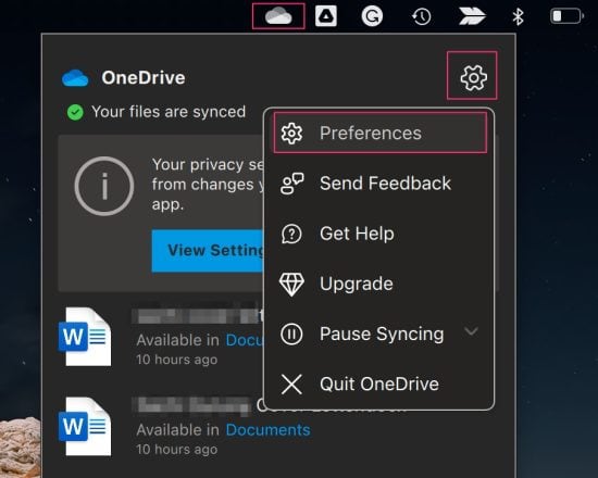 OneDrive Settings in mac