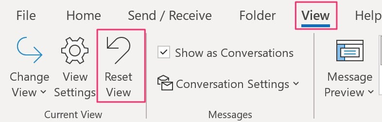 Reset View icon in Outlook