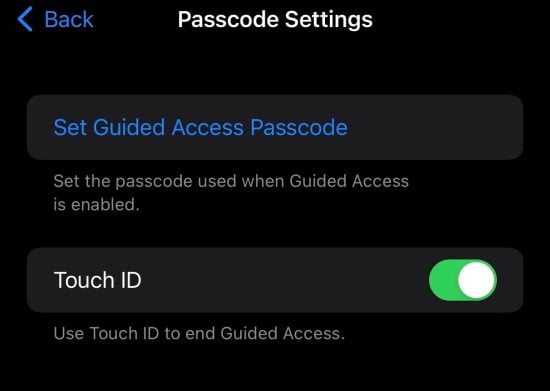 Set Guided Access Password and enable touch or Face ID