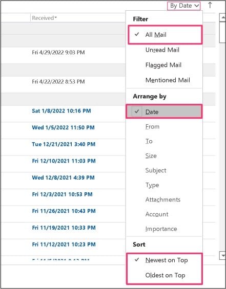 Sort Date in Microsoft Outlook