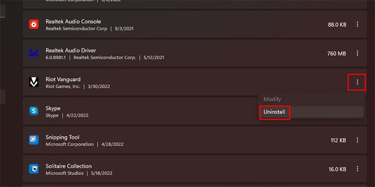Uninstall Riot Vanguard using apps and features
