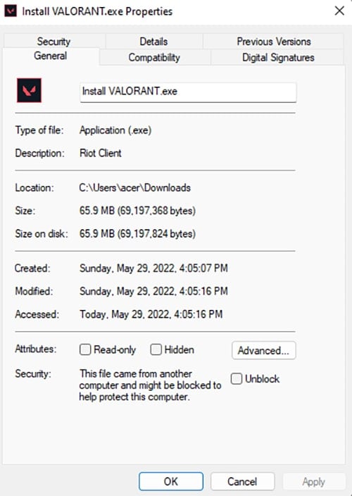 Valorant setup file size