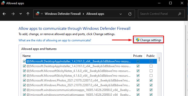 change firewall settings
