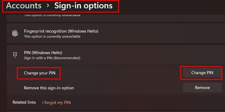 change your pin option in sign in options
