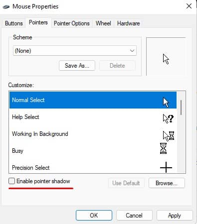 disable pointer shadow