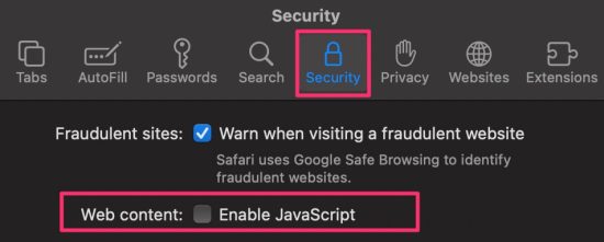 disable javascript in safari