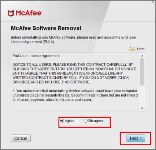 mcafee agreement in removal tool