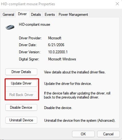 update rollback mouse driver